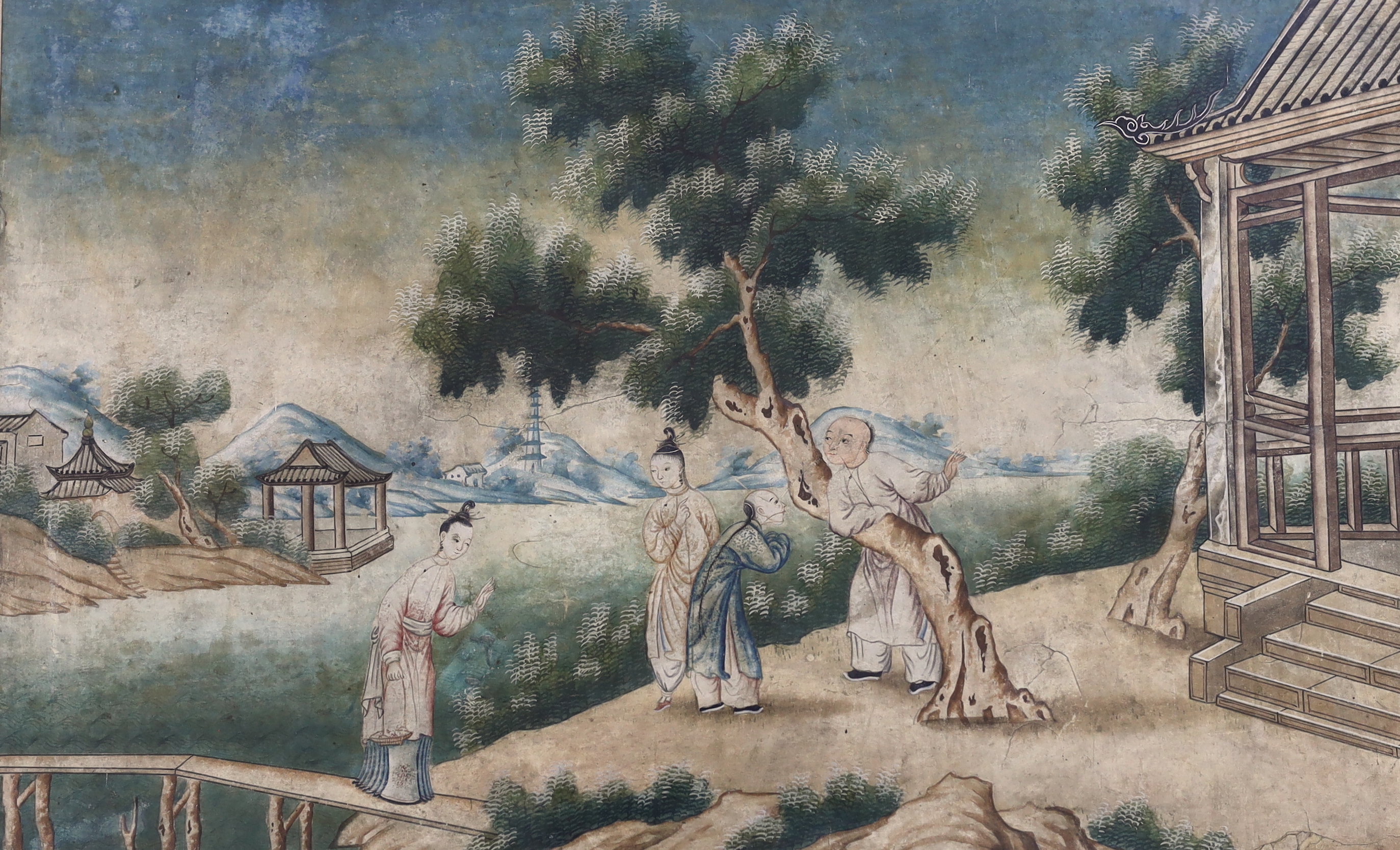 19th century Chinese trade painting, Figures beside a terrace, 55 x 35cm